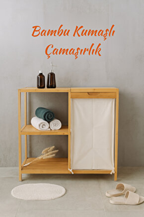 Bambu 3 Raflı Kirli Çamaşır Sepeti | Kapaklı & Kumaş Torbalı Doğal Ahşap Banyo Düzenleyici