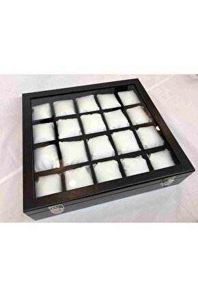 20 Bölme Görsel Cam Kapak Ahşap Iskelet Siyah Deri Kaplı Şık 20li Özel Kadın Saat Kutusu