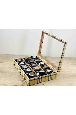 15 Adet Büyük Boy Kol Saati Kapasiteli Saat Kutusu Burberry Ekose Desenli Siyah Yastıklı