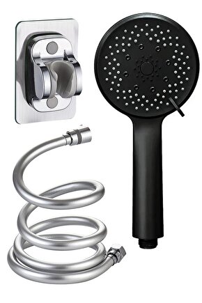 Siyah Duş Seti Lüks 5 Fonksiyonlu Ayarlanabilir Duş Başlığı - Yapışkanlı Mafsal-pvc Hortum 150 Cm