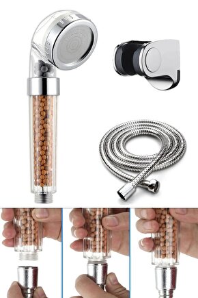 Boncuklu Duş Başlığı Mafsallı Örgülü Hortum Masajlı Çok Fonksiyonlu Banyo Seti