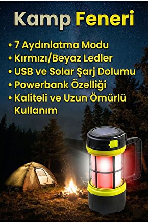 7 Farklı Mod Powerbank Özellikli Solar Kamp El Feneri Işıldak - Kırmızı Beyaz Led