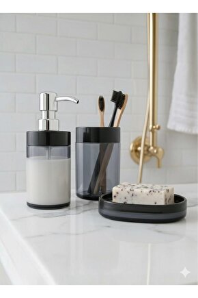 3 Parça Siyah Banyo Seti | Krom Görünümlü Plastik Başlıklı Sabunluk + Diş Fırçalık + Sabunluk