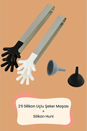 2 adet Silikon Uçlu Şeker Maşası ve Silikon 1 adet Huni – Pratik Mutfak Yardımcısı