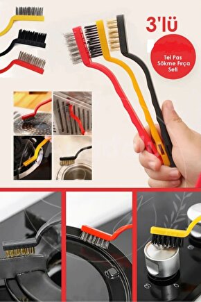 3’lü Tel ve Pas Sökme Fırça Seti – Metal, Naylon ve Pirinç Kıllı Temizlik Fırçası