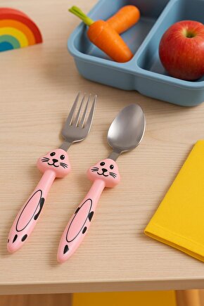PEMBE Tavşan Figürlü Çocuk Çatal Kaşık Seti Paslanmaz Çelik Bebek Çattal Kaşık Set