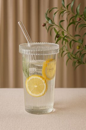 3’lü Cam Kapaklı Pipetli 400 ml Şeffaf Çizgili Bardak Seti – Soğuk İçecek ve Smoothie Bardağı