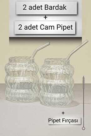 500 ml 2 Adet Dalgalı Cam Bardak Seti + 2 Adet Cam Pipet ve Pipet Fırçası