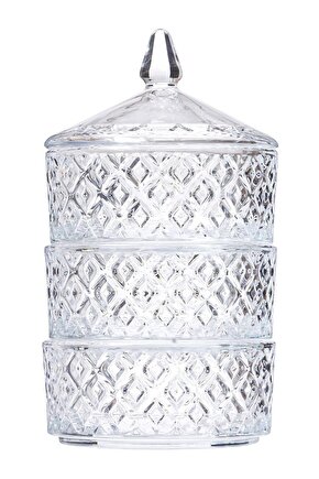 Kapaklı Katlı Kristal Şekerlik 3 Katlı Cam Kurabiyelik