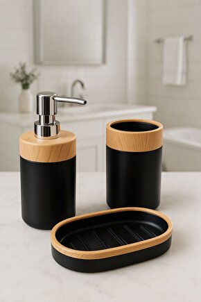 3’lü SİYAH Renk Banyo Seti Sabunluk Diş Fırçalık ve Sıvı Sabunluk – Ahşap Kapaklı Modern Tasarım