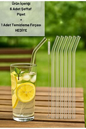 Cam Şeffaf Pipet Seti – 6 Adet Eğik Pipet + 1 adet Temizleme Fırçası