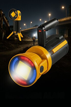 Kırmızı Mavi Çakarlı COB Ledli Şarjlı Kamp El Feneri Işıldak