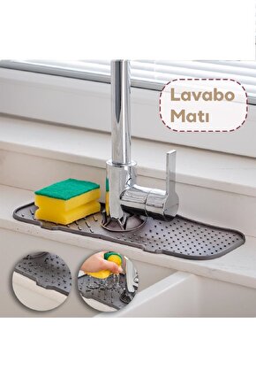 Elastik Musluk Lavabo Matı Gri-Su Tutucu Düzenleyici Kaydırmaz Mutfak Banyo Matı, 37x12 cm