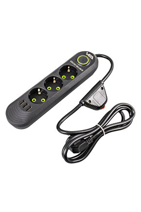 Siyah Renk  1.5 Metre Uzatma Kablosu Anahtarlı Akım Korumalı 3lü Priz