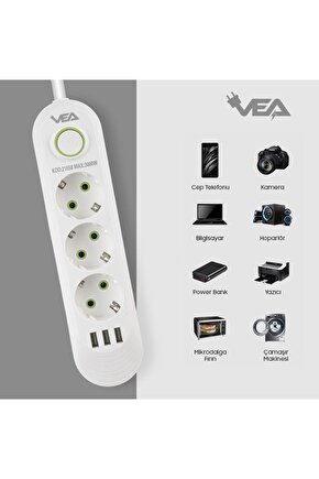 1.5 Metre Kablolu 3 USB Çıkışlı Beyaz Akım Korumalı Anahtarlı Topraklı Gurup Priz