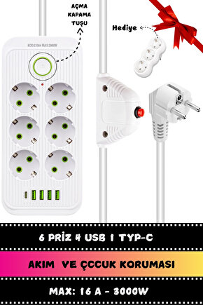 1. Metre Uzatma Kablolu 6lı Akım Korumalı  Priz 4 Usb + 1 Typ-c - 3lü Duvar Tipi Priz Hediye