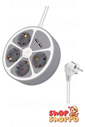 4lü 2xUSBli Çoklu Grup Priz, 1.5 mt Kablo, Anahtarlı Dörtlü Priz, Maks Kapasite 3680 Watt 16 Amper