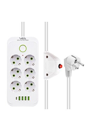 6 Topraklı Prizli 1.5 Metre Kablolu 4 Usb Girişli Beyaz Akım Korumalı Priz