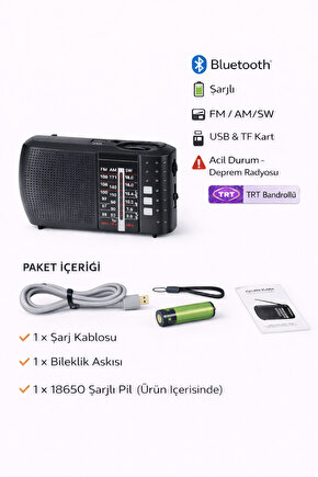 ICF8BT Bluetooth’lu Şarjlı Cep Radyosu | FM AM SW | USB TF Kart | Acil Durum & Deprem Radyosu