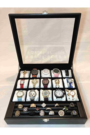 Yatak Odası Düzenleyici Dışı Siyah Içi Kadife 15 Farklı Gözlü Kolye Bileklik Takı Saat Kutusu