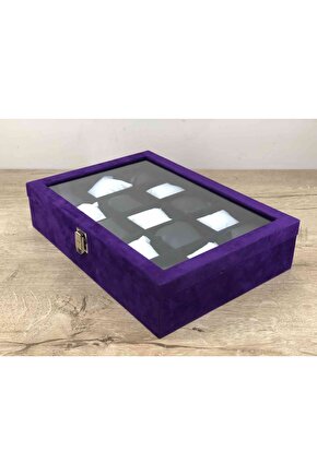 Eflatun Renkli Italyan Kadife Kaplama 15 Bölme Kapağı Camlı Ahşap Kasa Kol Saati Takı Ziynet Kutusu