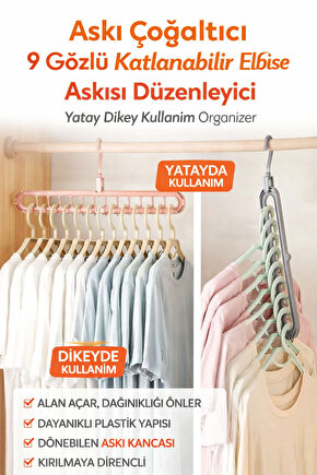 Askı Çoğaltıcı 9 Gözlü Katlanabilir Elbise Askısı Düzenleyici Yatay Dikey Kullanım Organizer 1 ADET