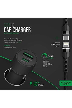Powerway Cc35 Yeni Nesil Usb-c (ıphone Için To Type-c) Araç Şarj Seti (pd18w)