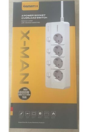 Yamatik X-Man-104 A-Class 4Lü Ayrı Anahtarlı 2 Metre Akım Korumalı Grup Priz 1400 Joule