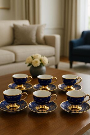 Lacivert Gold Desenli Lüks 6’lı Porselen Kahve Fincan Takımı