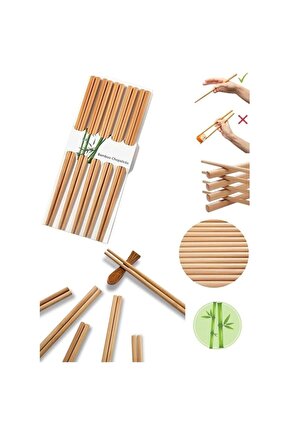 Chopstick 5 Çift Yıkanabilir Çin Kore Uzakdoğu Bambu Yemek Çubuğu