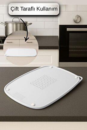 Çift Taraflı Gıda Hazırlık ve Kesim Tahtası – Kaydırmaz, Rende Bölmeli, Askı Aparatlı-BEYAZ