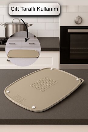 Çift Taraflı Gıda Hazırlık ve Kesim Tahtası – Kaydırmaz, Rende Bölmeli, Askı Aparatlı-KAHVERENGİ