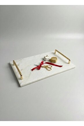 Lüks Beyaz Mermer Sunum Tepsisi Gold Metal Kulplu - Dekoratif Servis Tabağı 30x20 cm