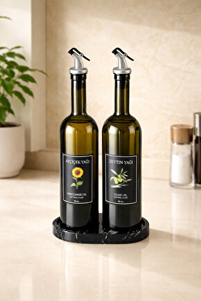 Mermer Desenli Akrilik Stantlı Amber 2li 750 ml Zeytinyağı Sıvıyağ Şişesi Yağdanlık Yağlık