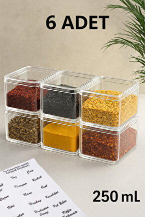 6lı 250 ml Vakumlu Akrilik Baharatlık Seti Saklama Kabı (30 ADET ŞEFFAF ETİKET HEDİYELİ)
