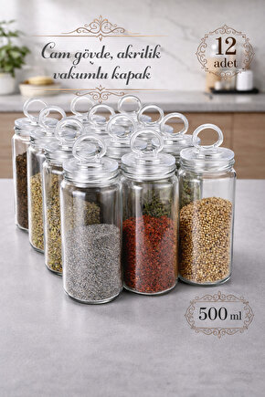 12 Adet Büyük Boy Vakum Kapaklı Cam Baharatlık Seti