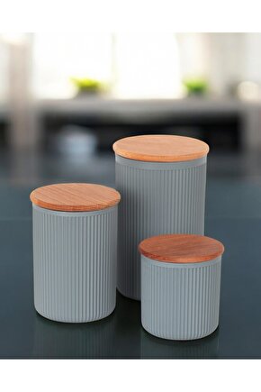 Retro Ahşap Kapaklı Çizgili Plastik Saklama Kabı Baharatlık Seti  YERLİ ÜRETİM