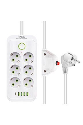 6 Fiş 4 USB 1 TYPE-C Girişli 1.5 Metre Kablolu Akım Korumalı Çoklu Priz AXE2-7V