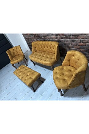 Sarı Koltuk Takımı Çay Seti 2+1+1 Koltuk Ve Bench Banklı Koltuk Takımı