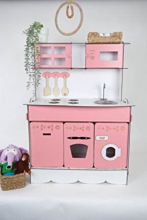 3 Kapaklı Boyalı Montessori Eğitici Ahşap Oyuncak Mutfak