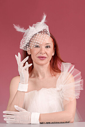 Kırık Beyaz Puantiyeli Gelin Kepi Nikah Şapkası Ve Manşetli Gelin Eldiveni  Kombin Set