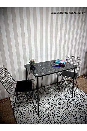 Siyah Metal Ayaklı 60x90 Siyah Mermer Desen Mutfak Masası -Balkon Masası-Çalışma Masası