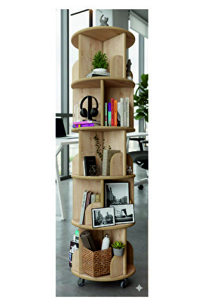 360° Dekoratif Döner Kitaplık -GERÇEK MDF LAM 5 Katlı20 Raflı -safir MEŞE