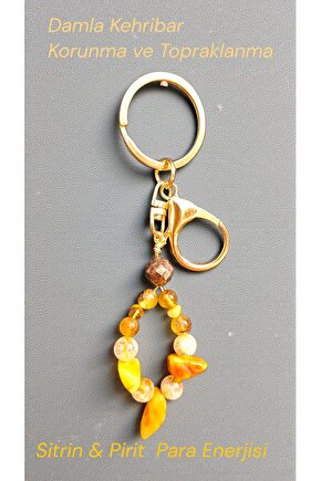 Doğal Taş Damla Kehribar & Sitrin Anahtarlik Bereket Koruma