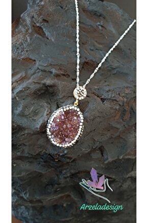 Doğal Taş AMETİST KRİSTAL Kolye Çelik Zincir Doğal Kesim