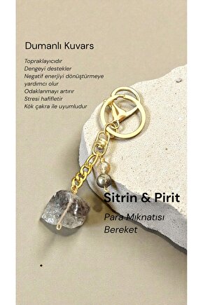 Doğal Taş Anahtarlık Kristal Kuvars Sitrin Pirit Para Bereket Koruma 8mm 2 cmm çelik zincir