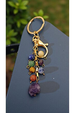 Doğal Taş Çakra Anahtarlik Çelik Zincir, Faset Kesim Taş 8mm Ametist Uçlu 15mm