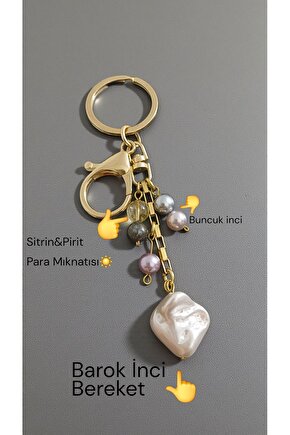 Doğal Taş Anahtarlık Barok İnci Sitrin  Pirit Bolluk ve Berekt  Anahtarligi