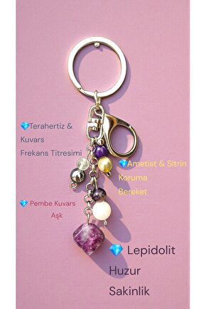 Doğal Taş Anahtarlık, Bolluk Bereket Anahtarlığı,lepidolit Ametist ,pembe Kuvars,kristal Kuvars
