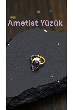 DOĞAL TAŞ AMETİST KRİSTAL YÜZÜK Altin Kaplama Ayarlanabilir Ebat